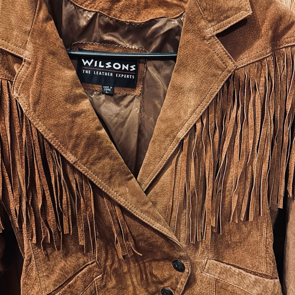 Wilsons Leather Women’s Brown Fringe Western Jacket Button Short Size L - Picture 4 of 9